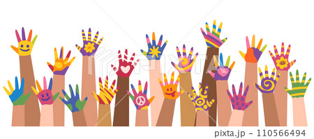 Vibrant Row Of Raised Painted Hands, With Diverse Ornaments, Creates A Kaleidoscope Of Unity And Expression 110566494