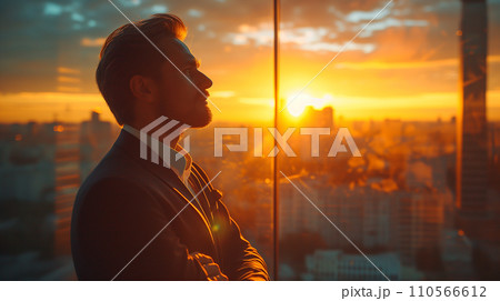 オフィスの窓から街を眺める男性　AI画像 110566612