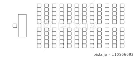 Layout of seats in meeting, conference, auditorium, training, seminar. Schematic graphic desk and armchairs icons, furniture symbols. Architectural seating plan top view Layout of seats in meeting, conference, auditorium, training, seminar. Schematic graphic desk and armchairs icons, furniture symbols. Architectural seating plan top view 110566692
