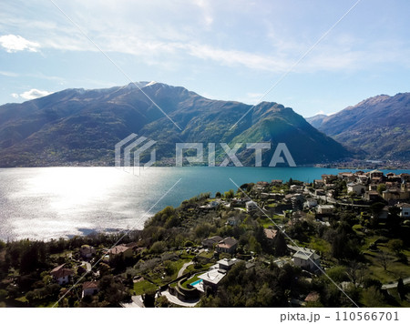 Panoramic view, the upper part of Lake Como over Gravedona, down to Bellagio  110566701