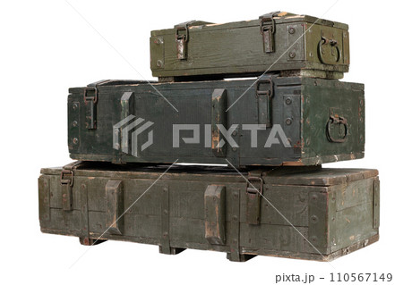 Army ammunition stack of green crates. Text in russian - type of ammunition, projectile caliber, projectile type, number of pieces and weight. Army ammunition stack of green crates. Text in russian - type of ammunition, projectile caliber, projectile type, number of pieces and weight. 110567149