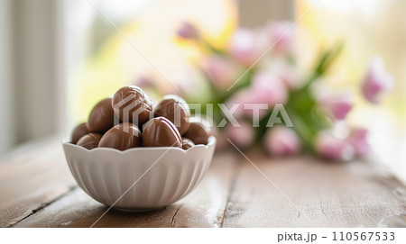 AI-generated content. Chocolate Easter eggs in white bowl on kitchen table with spring flowers, copy space 110567533