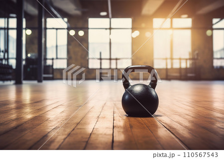 AI-generated content. Kettlebell on wooden floor, blurred empty gym background, copy space AI-generated content. Kettlebell on wooden floor, blurred empty gym background, copy space 110567543