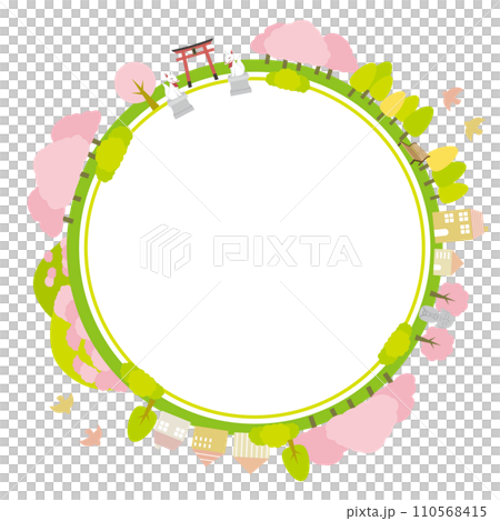 春季日式城市景觀，有神社和櫻花圓形框架 110568415