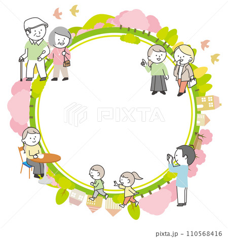 桜のある春の街並みの円形フレームといろいろな年代の人々 110568416