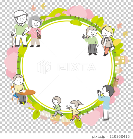 桜のある春の街並みの円形フレームといろいろな年代の人々 110568416