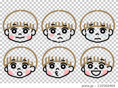 Illustration of a boy with a shaved hairstyle with various expressions Illustration of a boy with a shaved hairstyle with various expressions 110568469