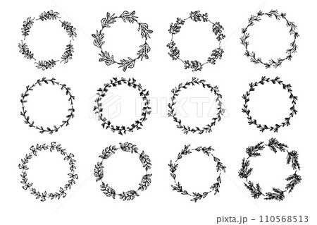 Set of isolated delicate sketch botanical round wreaths with leaves and branches. Set of black color doodle spring floral frames for greeting card design, wedding decoration Set of isolated delicate sketch botanical round wreaths with leaves and branches. Set of black color doodle spring floral frames for greeting card design, wedding decoration 110568513
