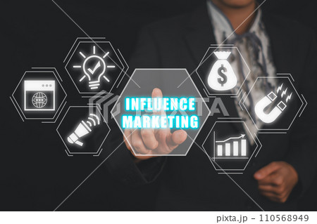 Influence marketing concept, Business woman hand touching Influence marketing icon on virtual screen. 110568949