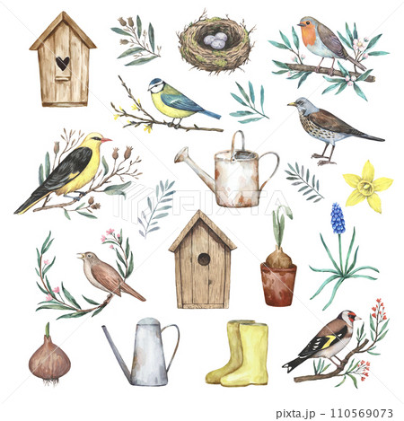 Big set of watercolor garden spring elements, birds on blooming branches, gardening tools, first flowers and nest. Hand-drawn design elements in retro style isolated on white background. Big set of watercolor garden spring elements, birds on blooming branches, gardening tools, first flowers and nest. Hand-drawn design elements in retro style isolated on white background. 110569073