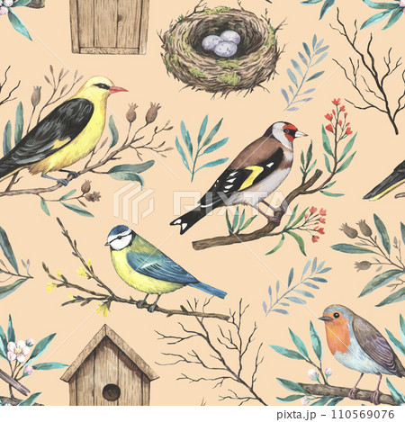 Watercolor pattern with garden spring birds on blooming branches, nest and birdhouse. Hand-drawn print in retro style for design and textile. Watercolor pattern with garden spring birds on blooming branches, nest and birdhouse. Hand-drawn print in retro style for design and textile. 110569076
