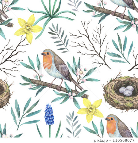 Watercolor pattern with robin birds on blooming branches and nest . Hand-drawn print in retro style for design and textile. 110569077