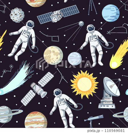 Seamless pattern with astronauts, stars, planets and satellites in cosmos. Cartoon print with space elements, vector illustration. 110569081