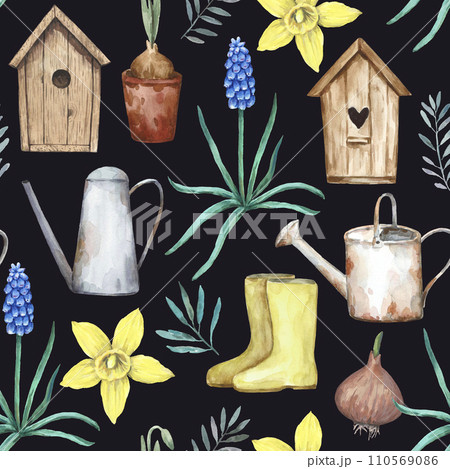 Seamless pattern with watercolor garden spring elements, gardening tools and first flowers. Hand-drawn print in retro style. 110569086