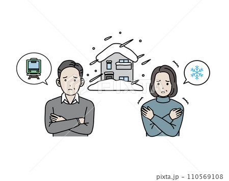 悪天候の吹雪に困る中年の夫婦 110569108