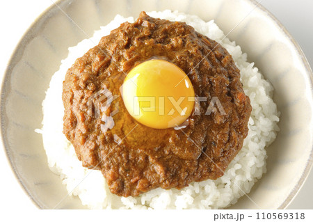 卵黄乗せキーマカレーを白背景で俯瞰撮影 卵黄乗せキーマカレーを白背景で俯瞰撮影 110569318