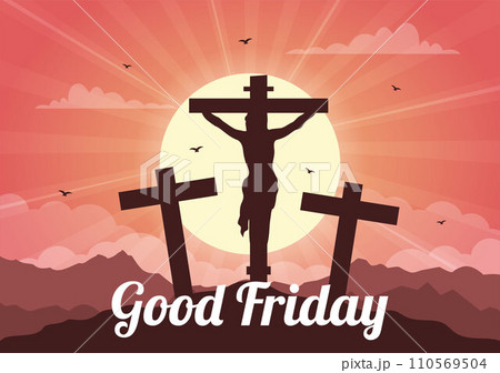 Happy Good Friday Vector Illustration with Christian Holiday of Jesus Christ Crucifixion and Pigeons in Flat Cartoon Background Design 110569504