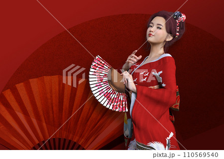 扇子を手に持ちポーズをとる妖艶な赤い着物を着た日本の女性のイラスト