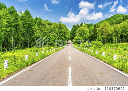 初夏の磐梯吾妻レークライン 青空と直線道路 福島県猪苗代町 初夏の磐梯吾妻レークライン 青空と直線道路 福島県猪苗代町 110570691
