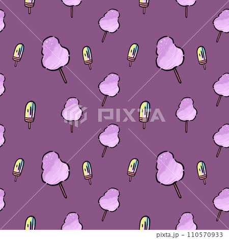 Seamless pattern of cotton candy on a purple background 110570933