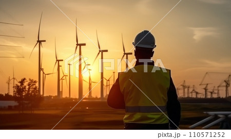 young male engineer holding laptop computer planning and working for the energy industry and standing beside a wind turbines farm power station at sunset time 110571252