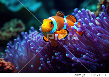 A macro photo of a bright orange clownfish A macro photo of a bright orange clownfish 110571284