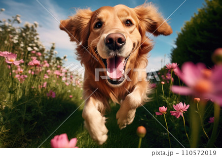 red golden retriever running through green grass with pink peonies red golden retriever running through green grass with pink peonies 110572019