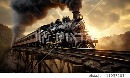 Majestic Black Steam locomotive belching smoke as it goes over a trestle during the American 110572054