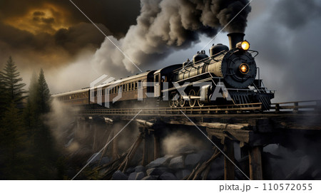 Majestic Black Steam locomotive belching smoke as it goes over a trestle during the American 110572055