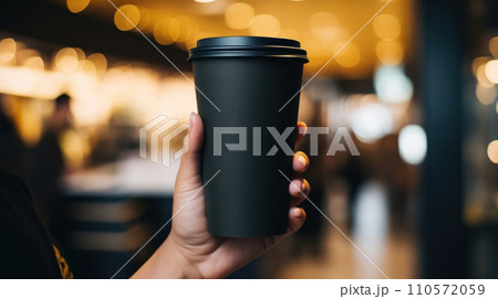 woman hand holding a blank black and paper coffee cup with no design woman hand holding a blank black and paper coffee cup with no design 110572059