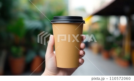 woman hand holding a blank black and paper coffee cup with no design woman hand holding a blank black and paper coffee cup with no design 110572060