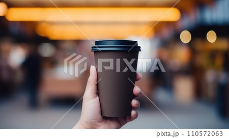 woman hand holding a blank black and paper coffee cup with no design woman hand holding a blank black and paper coffee cup with no design 110572063