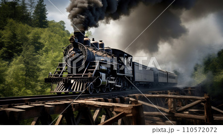Majestic Black Steam locomotive belching smoke as it goes over a trestle during the American 110572072