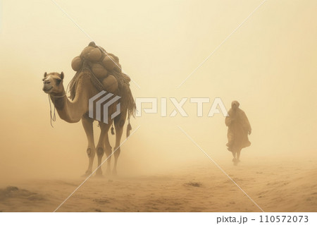 a camel walking in white sand desert in incoming sandstorm 110572073