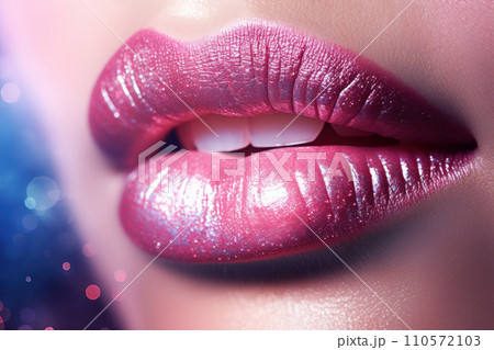close up of a girl's lips wearing lipstick and glitter 110572103