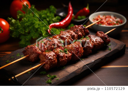 Spicy minced meat kebab usually made from lamb or beef cooked on a skewer Spicy minced meat kebab usually made from lamb or beef cooked on a skewer 110572129
