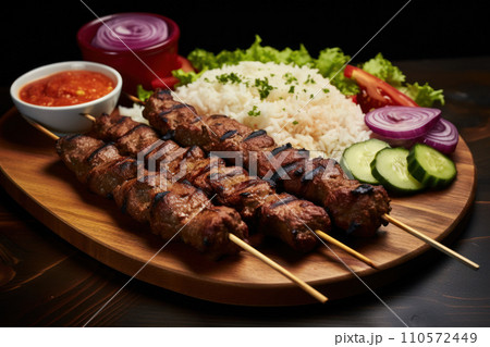 Spicy minced meat kebab usually made from lamb or beef cooked on a skewer Spicy minced meat kebab usually made from lamb or beef cooked on a skewer 110572449