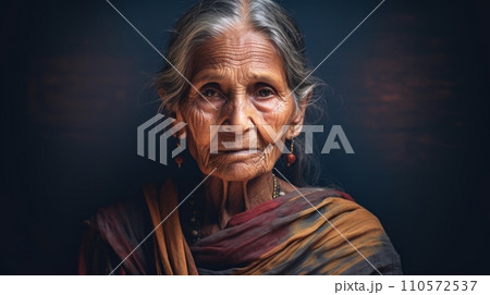 AI-generated content. Photorealistic Old Indian Woman with Brown Straight Hair Futuristic Illustration. Portrait of a person in cyberpunk style. Cyberspace Ai Generated Horizontal Illustration. 110572537