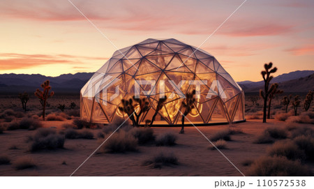 geodesic dome in the middle of Joshua Tree National Park at sunset 110572538