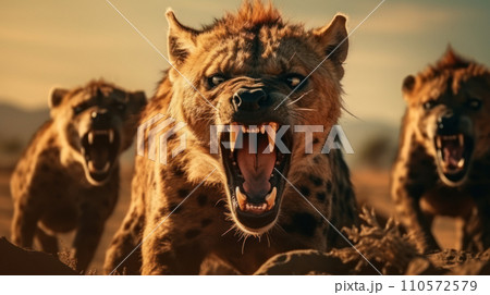 a group of angry hyenas at the dessert a group of angry hyenas at the dessert 110572579