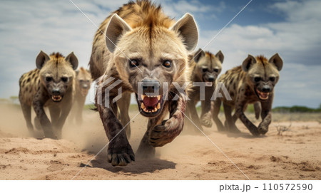 a group of angry hyenas at the dessert 110572590