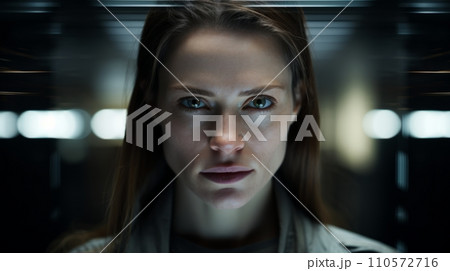 AI-generated content. Photorealistic Adult White Woman with Brown Straight Hair Futuristic Illustration. Portrait of a person in cyberpunk style. Cyberspace Ai Generated Horizontal Illustration. 110572716