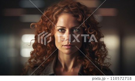 AI-generated content. Photorealistic Adult White Woman with Brown Curly Hair Futuristic Illustration. Portrait of a person in cyberpunk style. Cyberspace Ai Generated Horizontal Illustration. 110572718