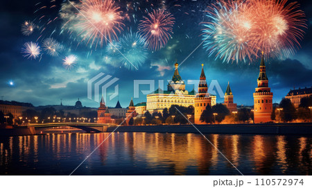 Beautiful fireworks night in the city of celebration Moscow 110572974