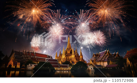 Beautiful fireworks night in the city of celebration, Wat Phra Kaew Beautiful fireworks night in the city of celebration, Wat Phra Kaew 110572986