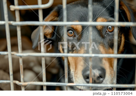 close up Sad large dogs caught in cage. Generative AI 110573004
