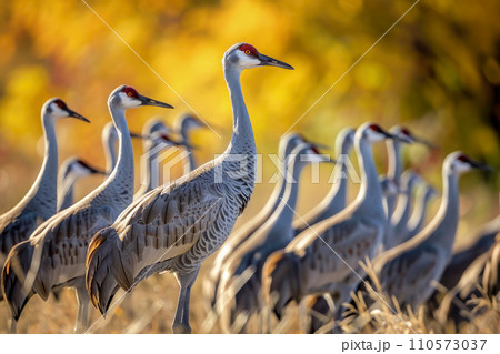 A flock of Sandhill Cranes during their fall migration. AI generative 110573037