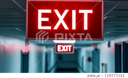 The Exit sign glowing in red shows the word EXIT to doorway. Generative AI. 110573181