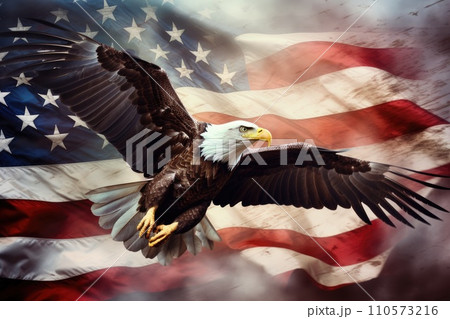 Illustration of an eagle on the background of the American flag closeup. Ai generation Illustration of an eagle on the background of the American flag closeup. Ai generation 110573216