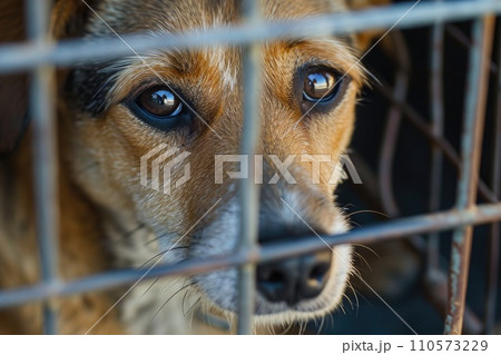close up Sad large dogs caught in cage. Generative AI 110573229